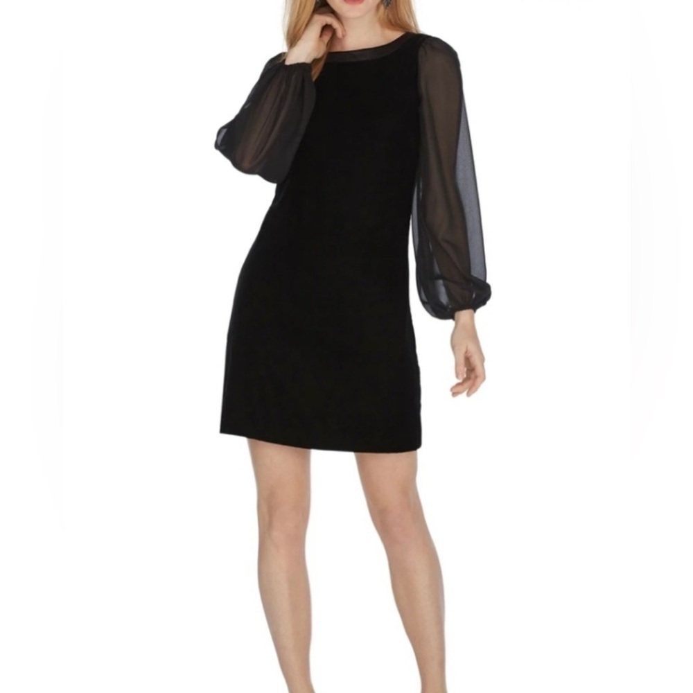 White House Black Market velvet dress with sheer sleeves. Bow on the back